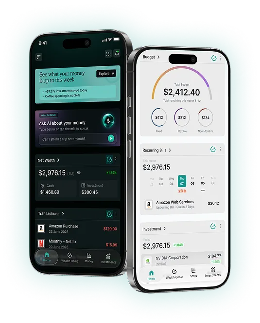 WealthNX mobile app showing net worth and budget screens